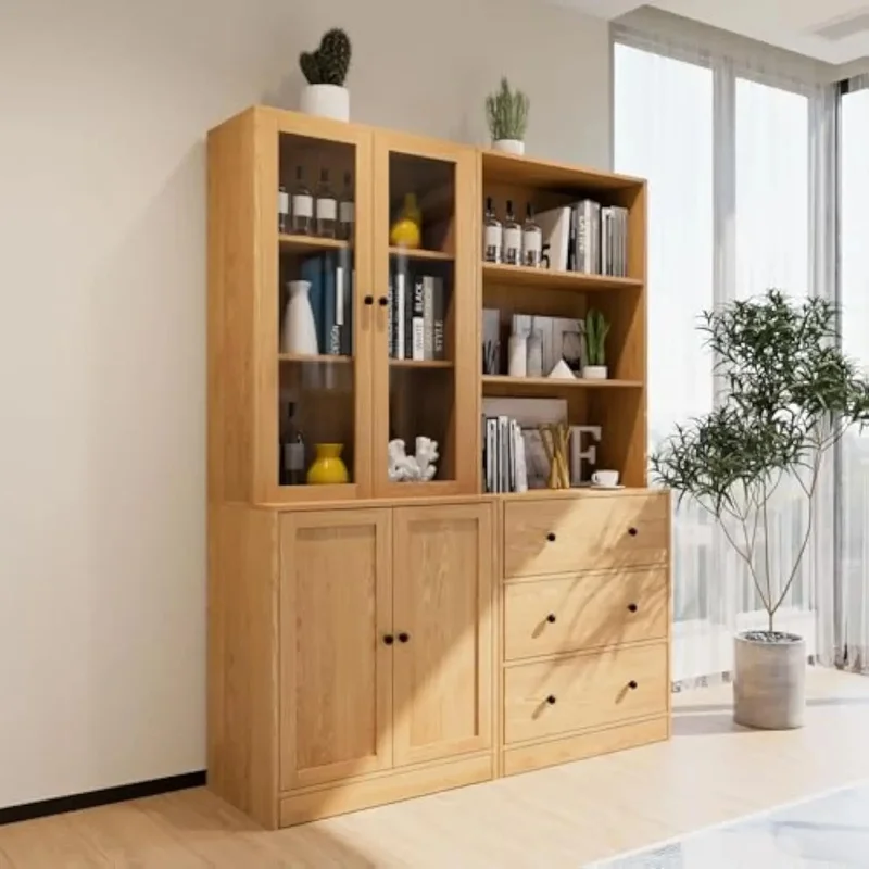 3-Tier Modern Bookshelf with 3 Large Drawers, Wood Bookcase with Open Storage Shelves and Glass Doors for Home and Office Use