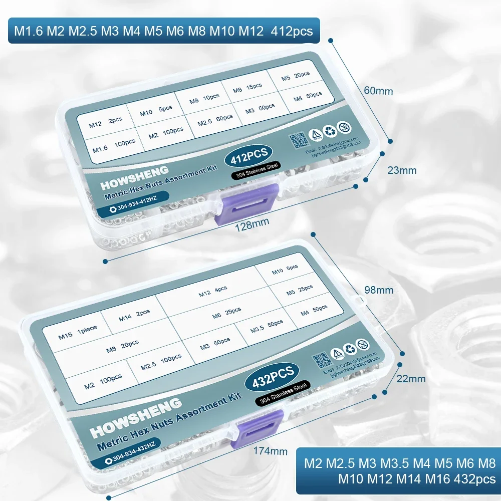 Juego surtido de tuercas hexagonales de 412/432 Uds M2 M4 M6 M8 M10 M12 M14 Kit surtido de tuercas hexagonales de acero inoxidable 304 DIN934