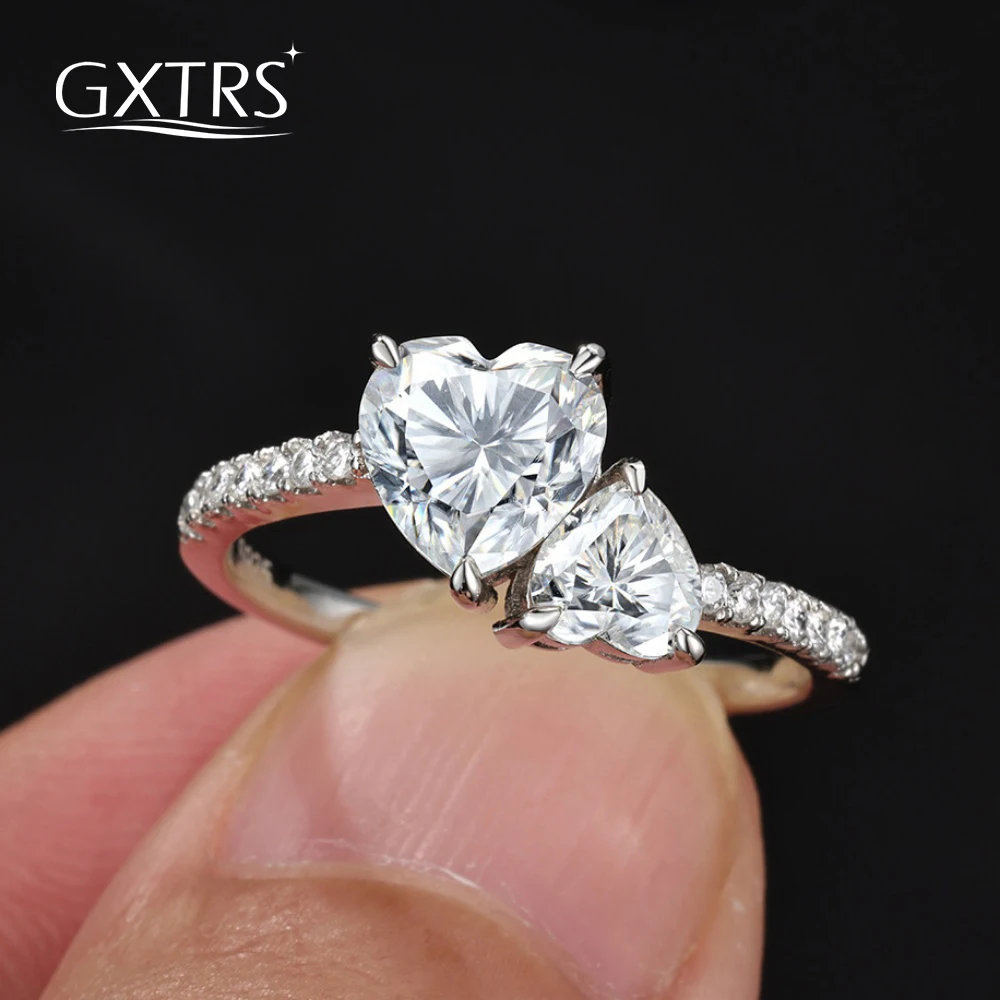 GXTRS Heart Shape Full Moissanite Rings For Women S925 Pure Silver 2 Stone Lab Diamond Wedding Engagement Band Fine Jewelry Gift