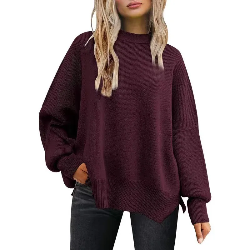 Women's Crewneck Batwing Sleeve Y2k Sweaters Autumn Winter Oversized Casual Loose Knitted Pullovers Solid Ribbed Side Slit Tops