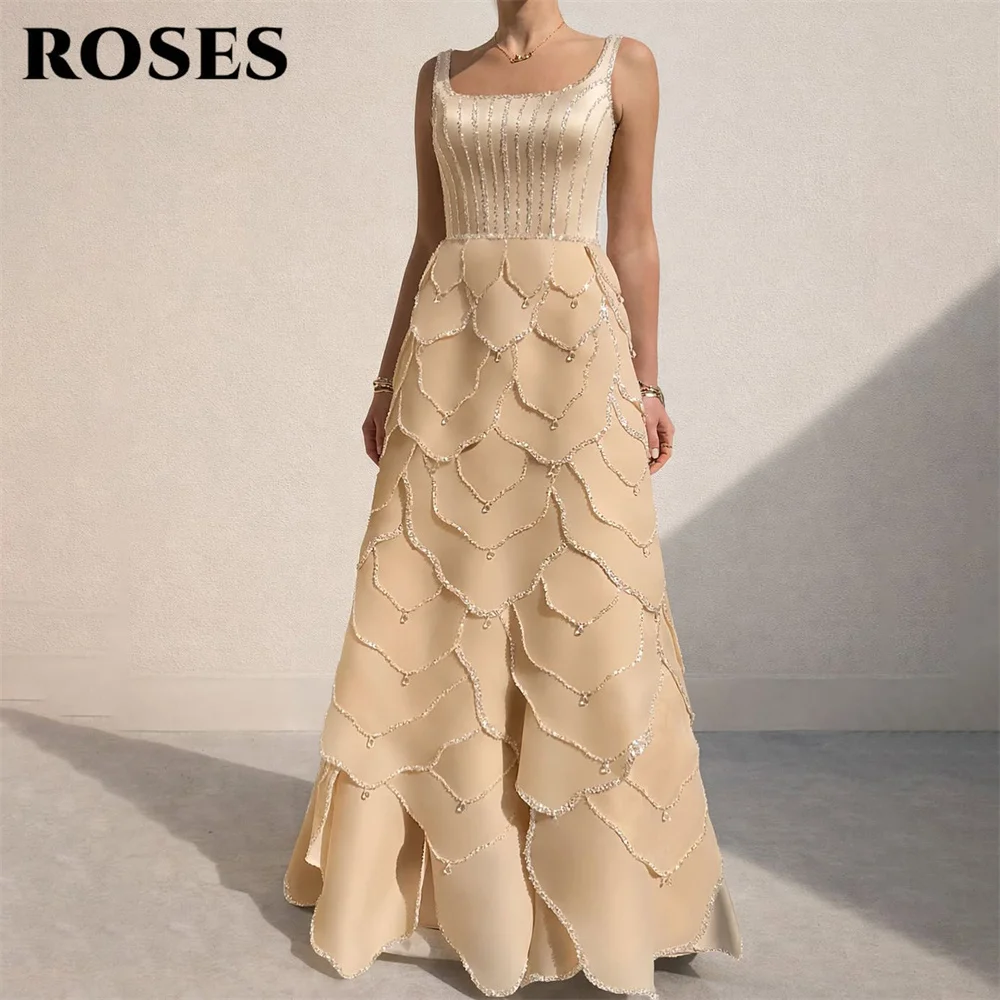 

ROSES Champagne Satin Party Dress Square Neck Night Dress with Scalloped Beaded Layered Celebrity Dress for Woman Customized