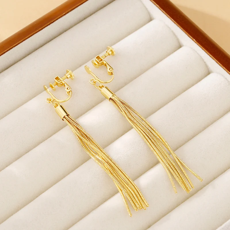 High Quality Metal Chain Tassel Clip on Earrings Without Piercing Ear Clips for Women Vintage Simple Party Jewelry Accessories