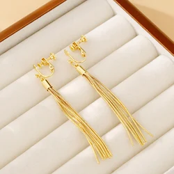 High Quality Metal Chain Tassel Clip on Earrings Without Piercing Ear Clips for Women Vintage Simple Party Jewelry Accessories