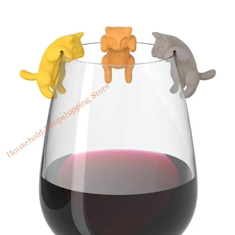 

85AD 6pcs Силиконо лежат для формы кошки винные стеклянные маркеры чашка отличительного напитка cha