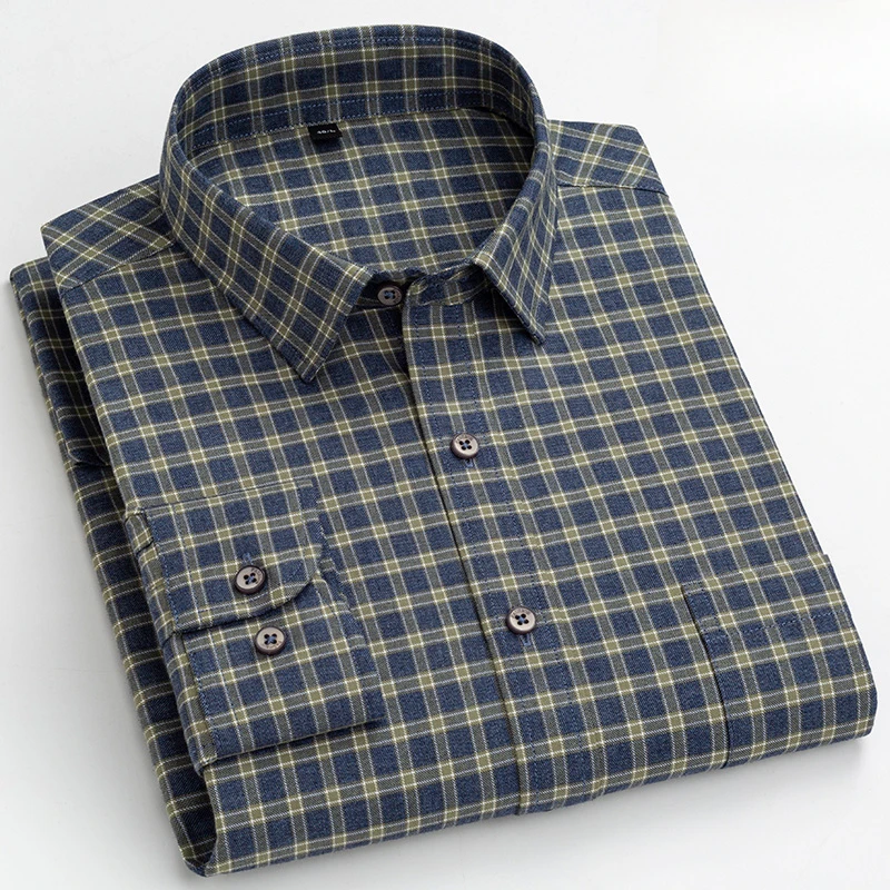 New in shirt 100%cotton sanding long-sleeve shirts for men slim fit casual plain shirt elegant single pocket houndstooth clothes