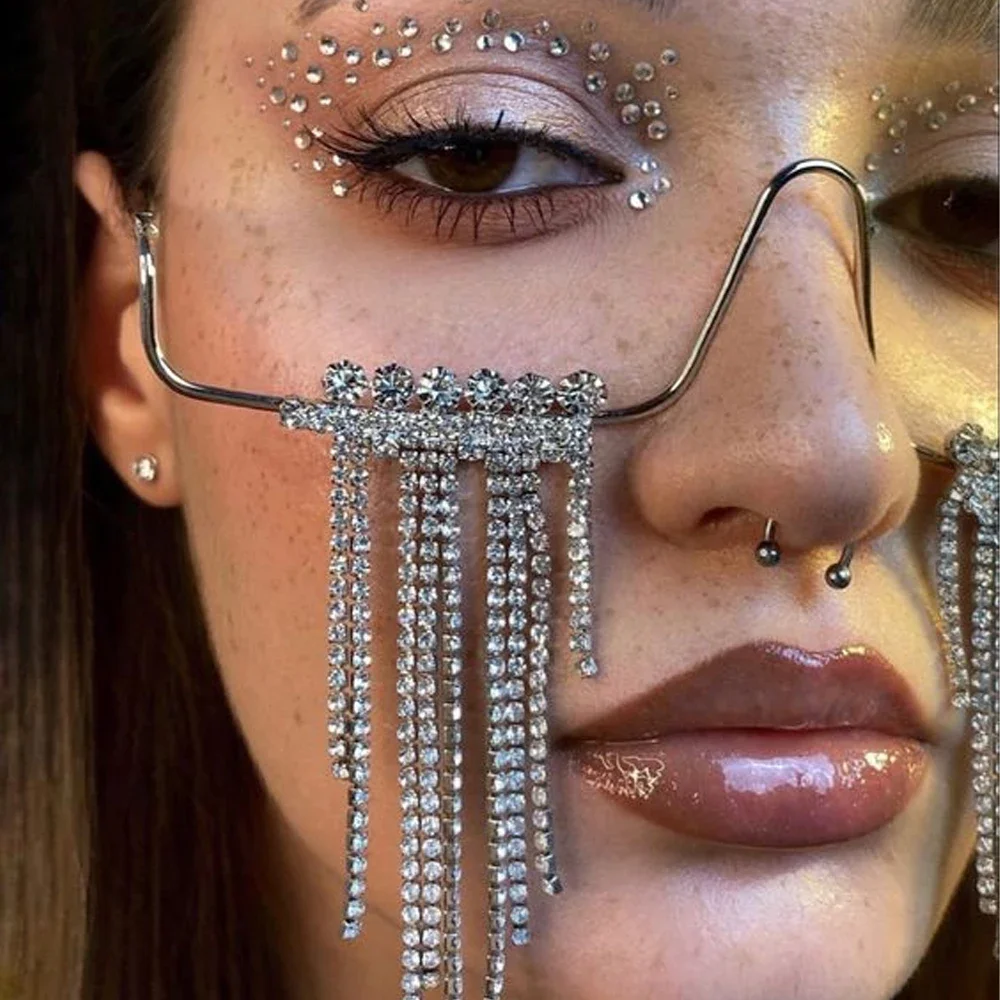 Fashion Tassel Half Metal Glasses Frame for Women Crystal Face Chain Jewelry Eyewear Kpop Makeup Rhinestone Accessory No Lens