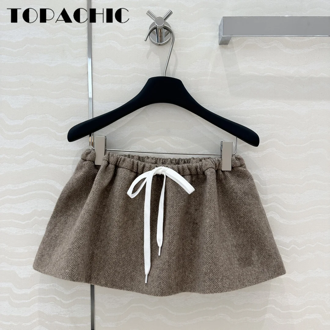 9.12 TOPACHIC-Women Vintage Herringbone Letter Embroidery Wool Set Stand Collar Zipper Jacket Or Drawstring Waist Short Skirt