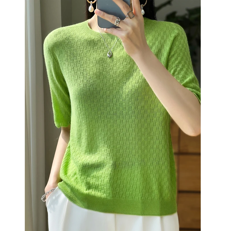 

First line ready to wear women's knitted short sleeved T-shirt pullover round neck solid color sweater fashion top T-shirt