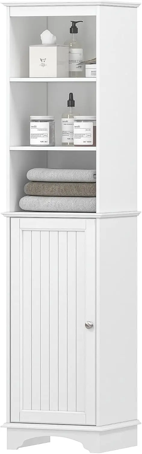 

Freestanding Storage Cabinet with Three Tier Shelves, Tall Slim Cabinet, Free Standing Linen Tower, White