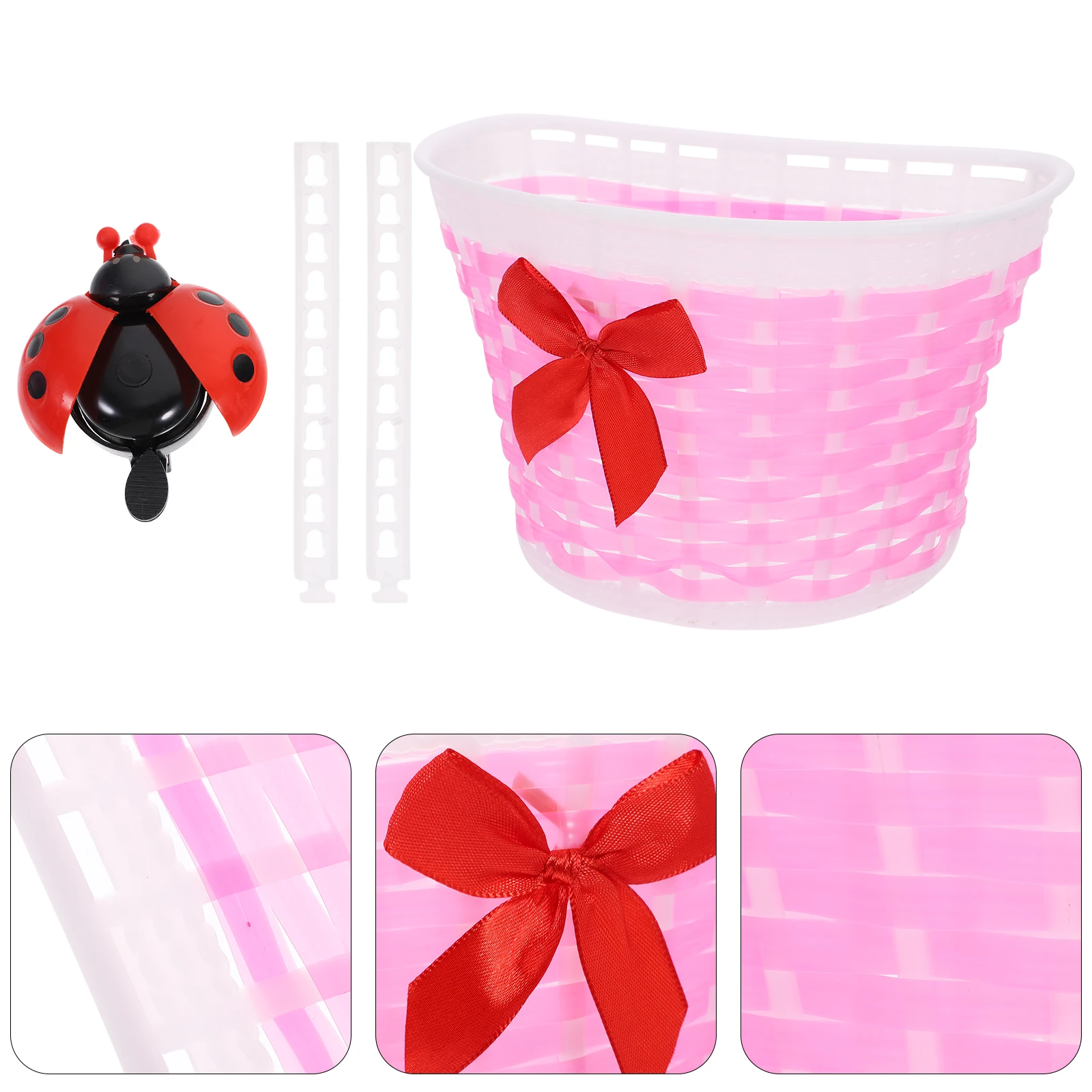 

Plastic Handmade Kids Bike Baskets for Girl Scooter Bicycle Storage Bow Knot Decoration Cycling Bell Woven Front Basket