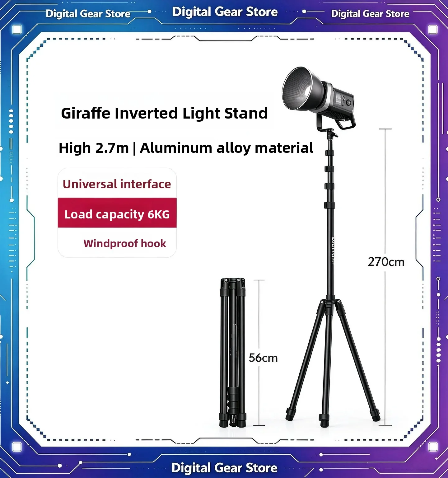 T270 2.7M Metal Light Stand 1/4 Screw Mount 6KG Load Foldable Tripod Stand COB Light Panel Softbox Studio Outdoor Photography