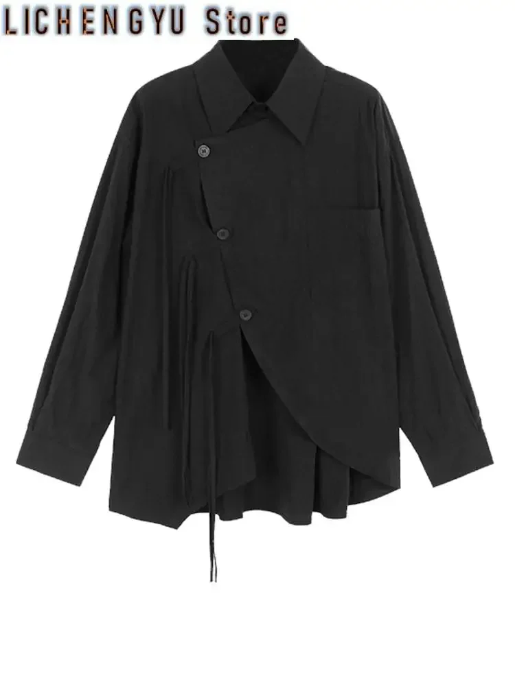

Women Green Tassels Irregular Big Size Casual Blouse New Lapel Long Sleeve Shirt Fashion Tide Spring Autumn