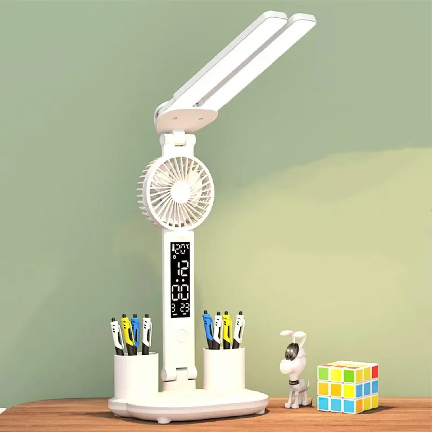 

Table Lamp with Fan Student Studying Desk Lamp with Pen Holder Multifunctional Night Light Rechargeable
