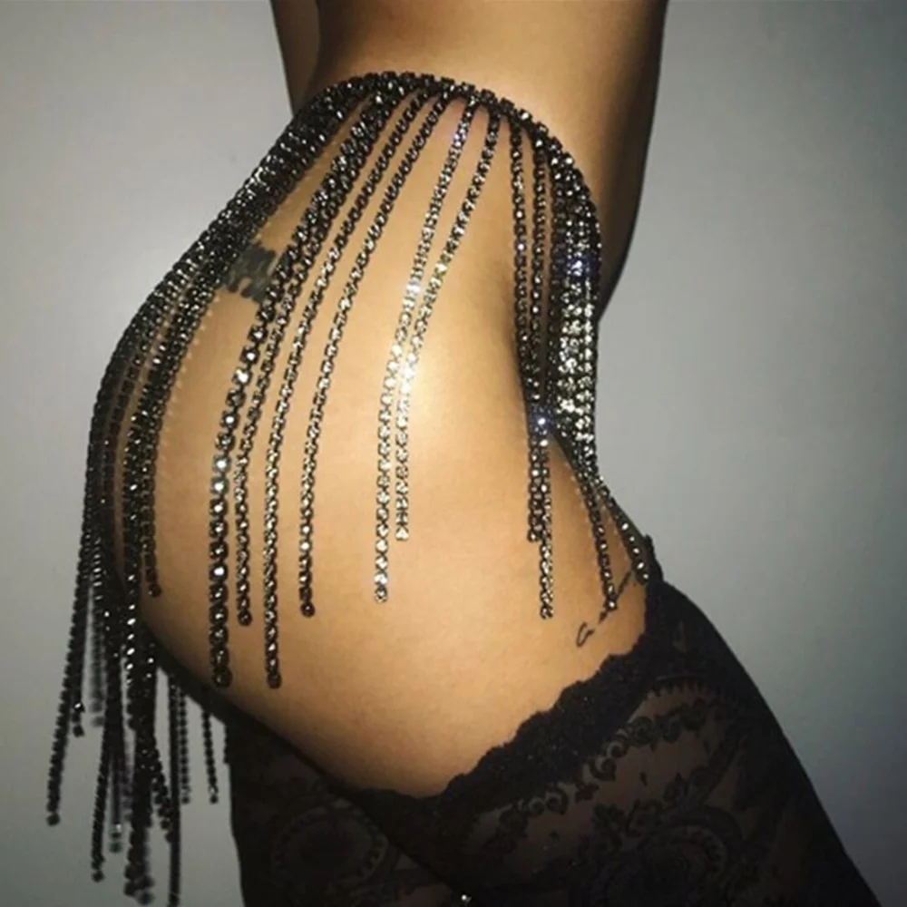 Shiny Crystal Tassel Chain Mini Skirt Sexy Women Adjustable Waist Rhinestone Sequins Luxury Party Nightclub Skirts Jewelry