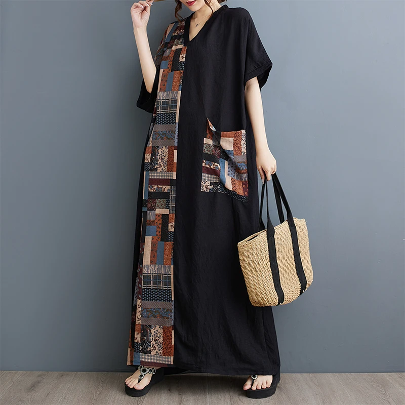 Summer New plus Size Long Cotton Linen Print Slim V Ne ort Sve Color Blo Bla Dr with ket Loose Fit Commute S...