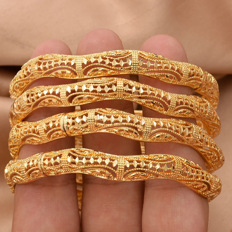 Annayoyo 4Pcs Gold Color Ripple High Quality Bangles&Bracelets Women Mother Metal Cuff Bangle Jewelry Bride Birthday Gifts