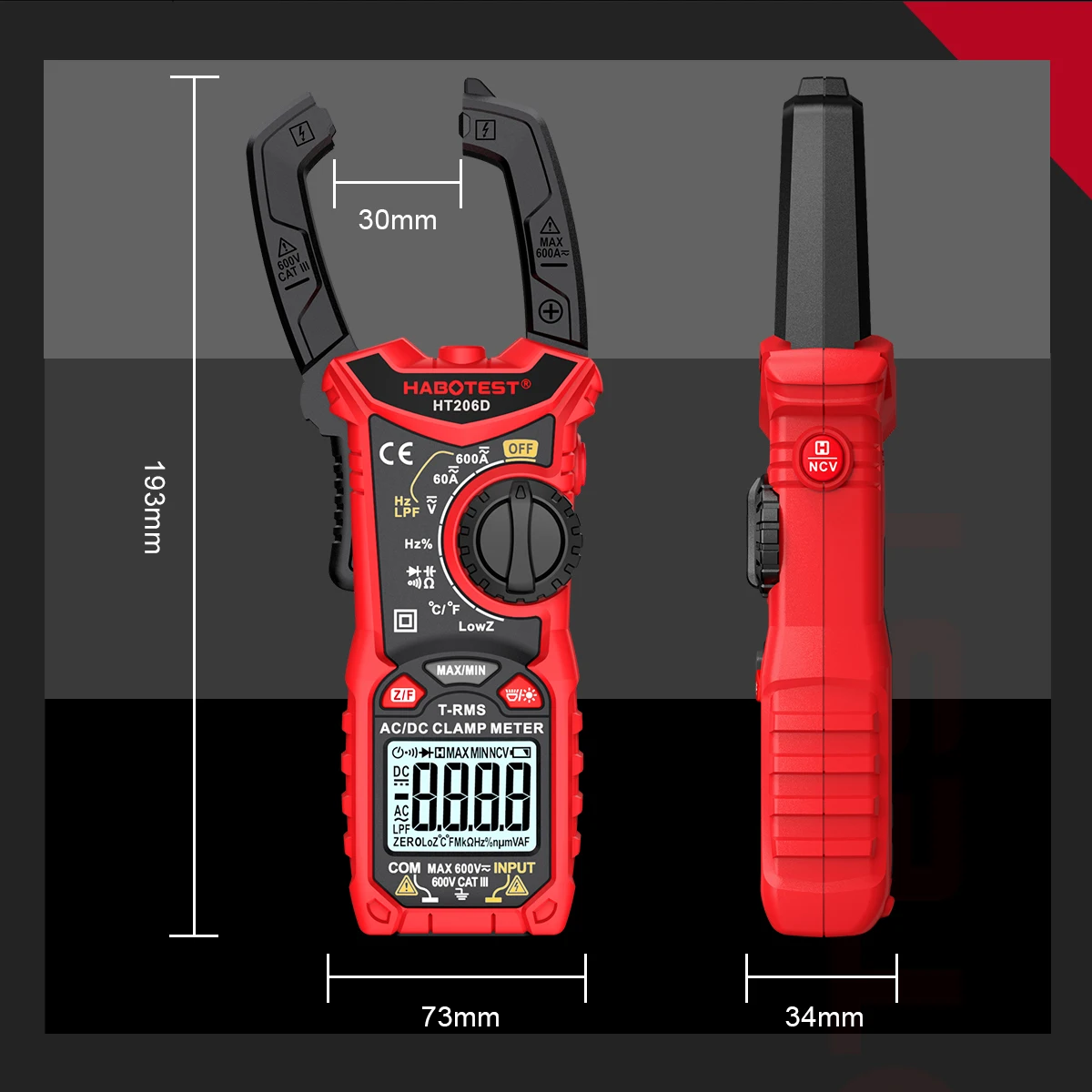 HABOTEST HT206 Digital Clamp Meter DC/AC Current 600A Multimeter Ammeter Voltage Tester Car Amp Hz Capacitance NCV Ohm Test