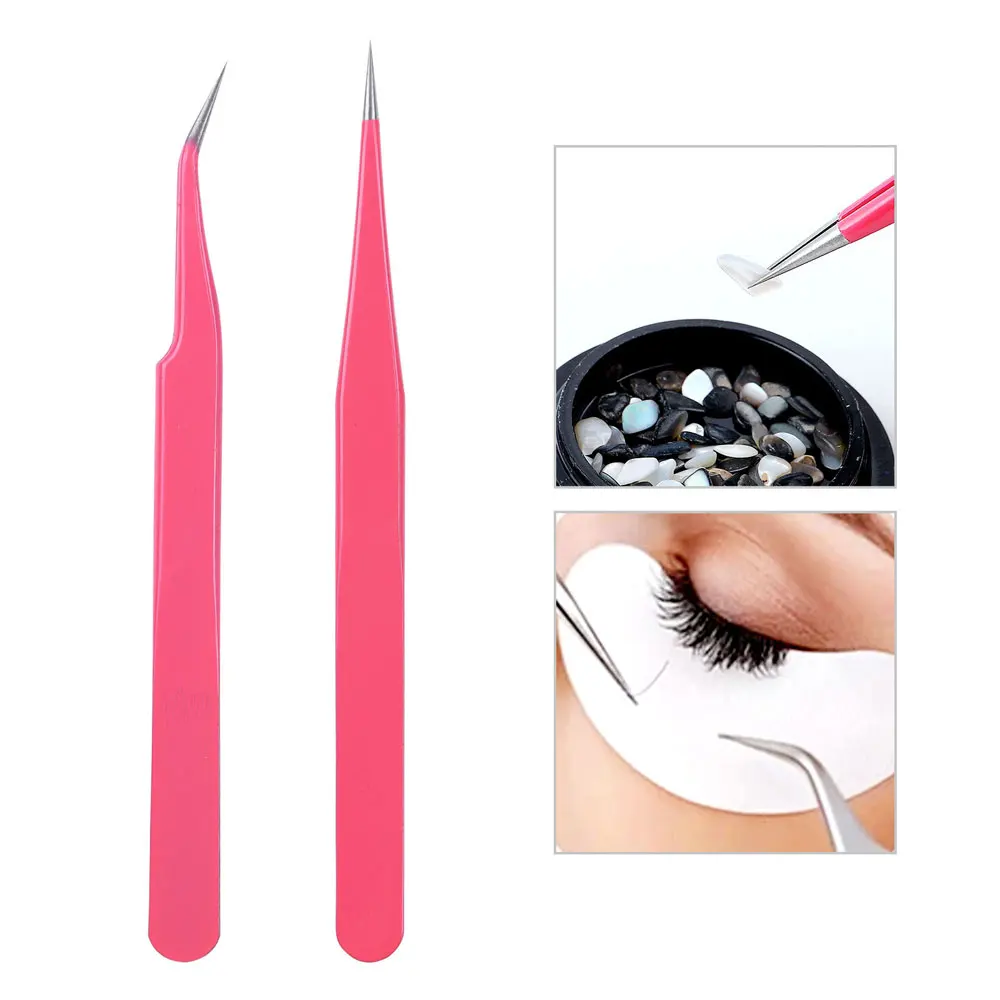 2pcs Pink Precision Tweezers Stainless Steel Elbow Straight Head Eyelash Eyebrow Extension Nipper Clip Nail Art Intake Tools