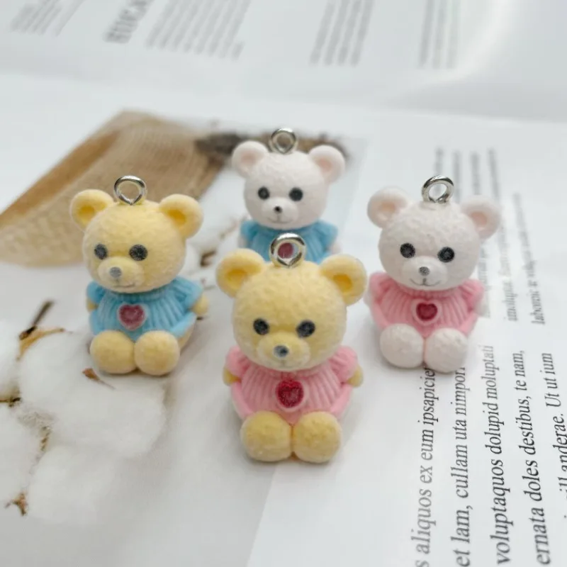 30Pcs 3D Cute Flocking Love Bear Charms Cartoon Stuffed Animal Doll Pendant Phone Keychain Necklace Earrings DlY Jewelry Make