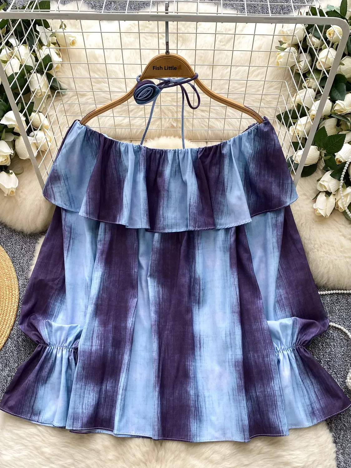 Blusa fena com estampa solta e emaecedora, estilo coreano, manga crida, ombro à mostra, csa floral, roupa de outono