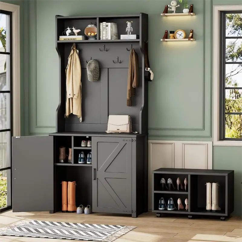 

Farmhouse 4-in-1 Hall Tree with Barn Doors, Movable Bench, 7 Hooks, Shoe Storage, 76.9" Entryway Coat Rack on Wheels, Ideal for
