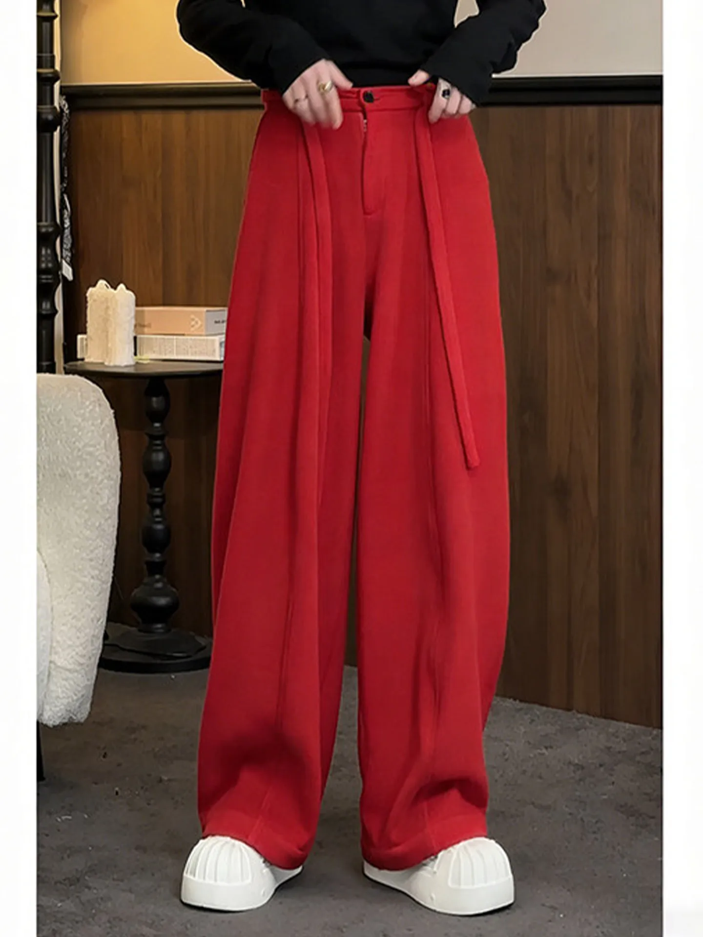 

Red Loose Wide Leg Pants Men's Autumn Winter Cleanfit Lazy Sle Knife Casual Pants Straight Woolen Trousers