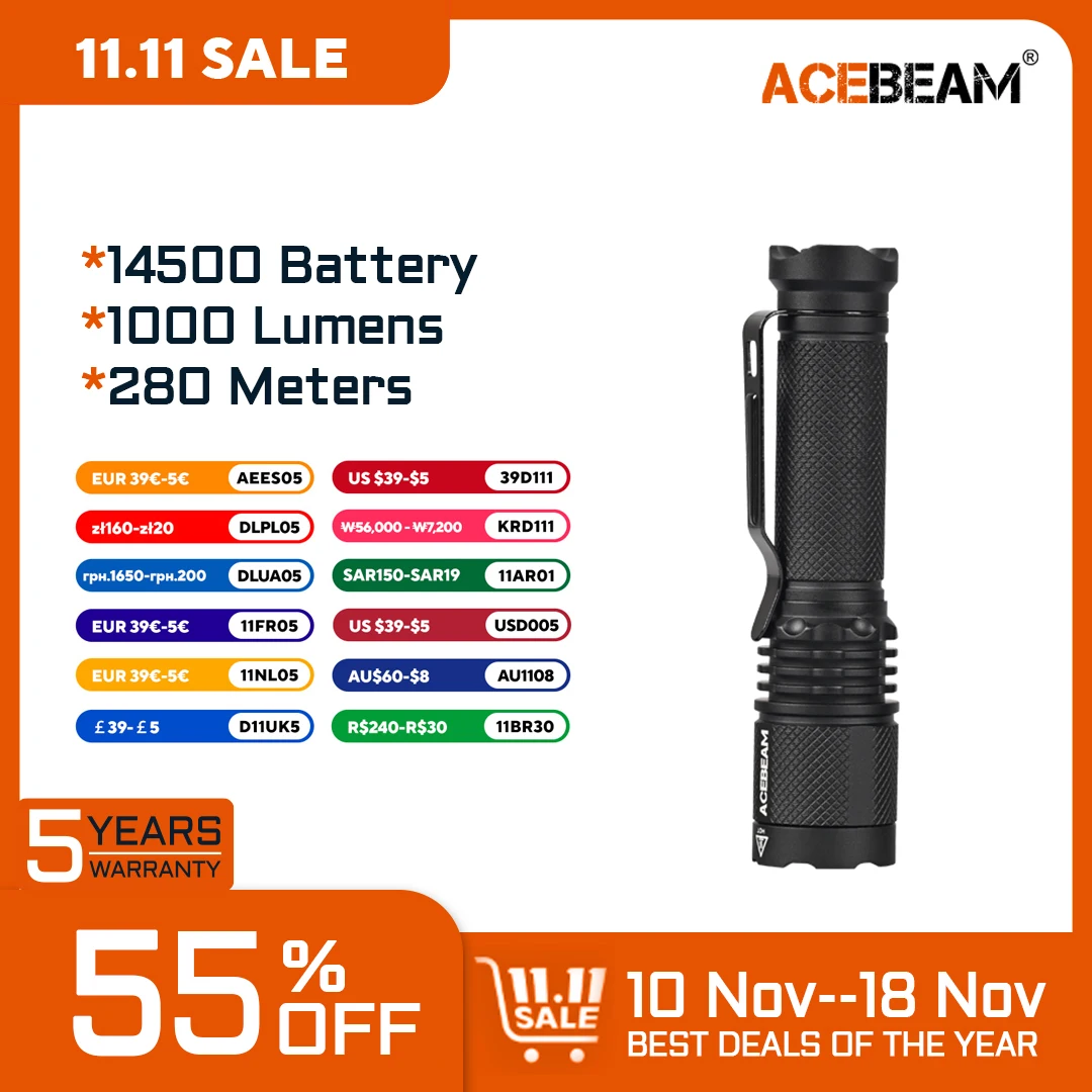 ACEBEAM TAC AA Super Bright EDC AA Flashlight Max 1000 Lumens 280 Meters Available in 6500K and 5000K(519A CRI90) Flashlights