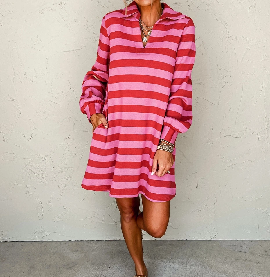 

Two tone striped pocket casual dress