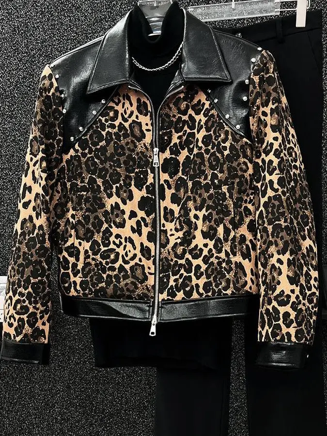 Retro American Style Men's Jacket Leopard Print Heavy Embellishment Zipper Outerwear Autumn Winter Color Block Street Style