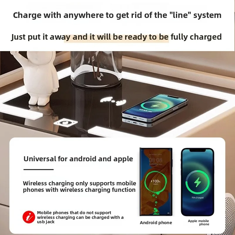 Smart solid wood bedside table Small apartment bedroom Italian light luxury simple wireless charging with multi-functional smart