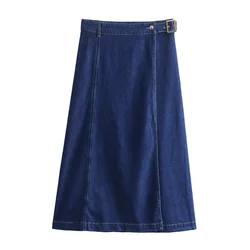 Kar&Otza 2024 Summer New Fashionable French Style Slimming Side Belt Decoration Denim Versatile Midi Belt Skirt