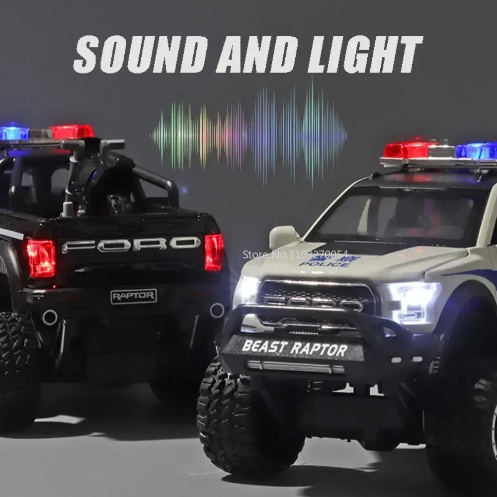 1/24 Scale Raptor F150 Police Car Model Toys Alloy Metal Body Off-road Vehicle Ornaments Sound and Light Toy Boys Birthday Gifts