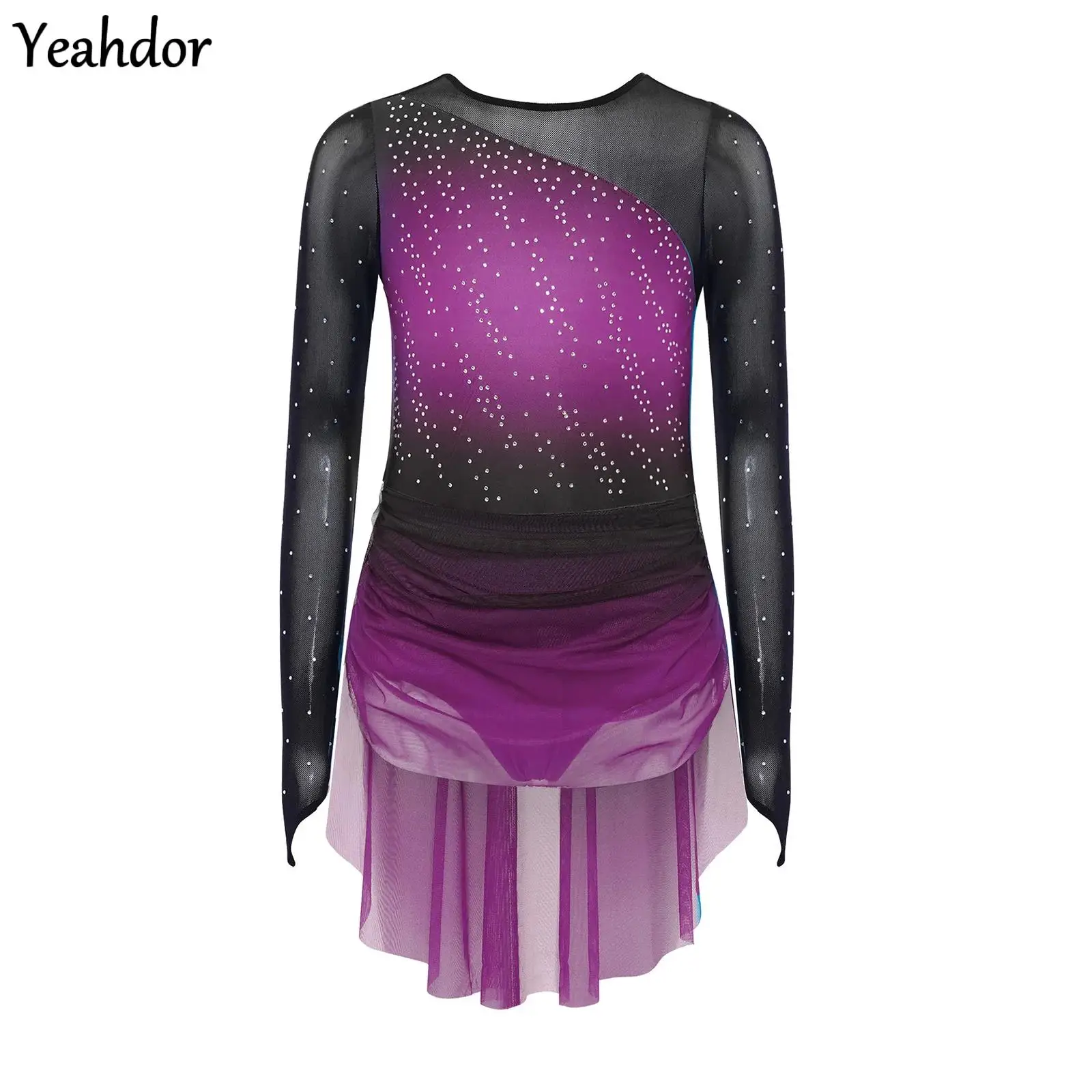 

Girls Figure Skating Leotard Dress Lyrical Dance Dress Long Sleeves Sheer Mesh Patchwork Rhinestones Gradient Gymnastics Costume