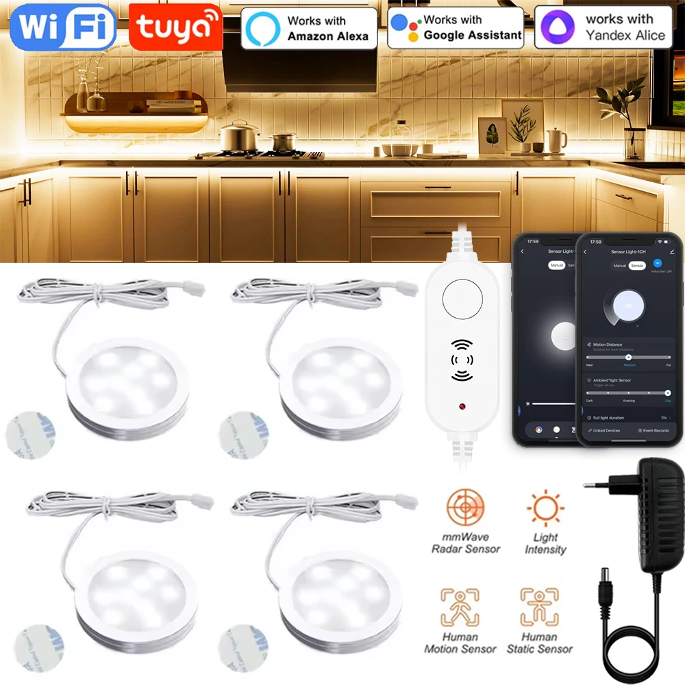 تيار مستمر 12 فولت أضواء تحت الكابين عكس الضوء مصباح ليد مستدير كاشف حركة الإنسان LED تحكم المطبخ خزانة ليلة مصباح غرفة ديكور #1