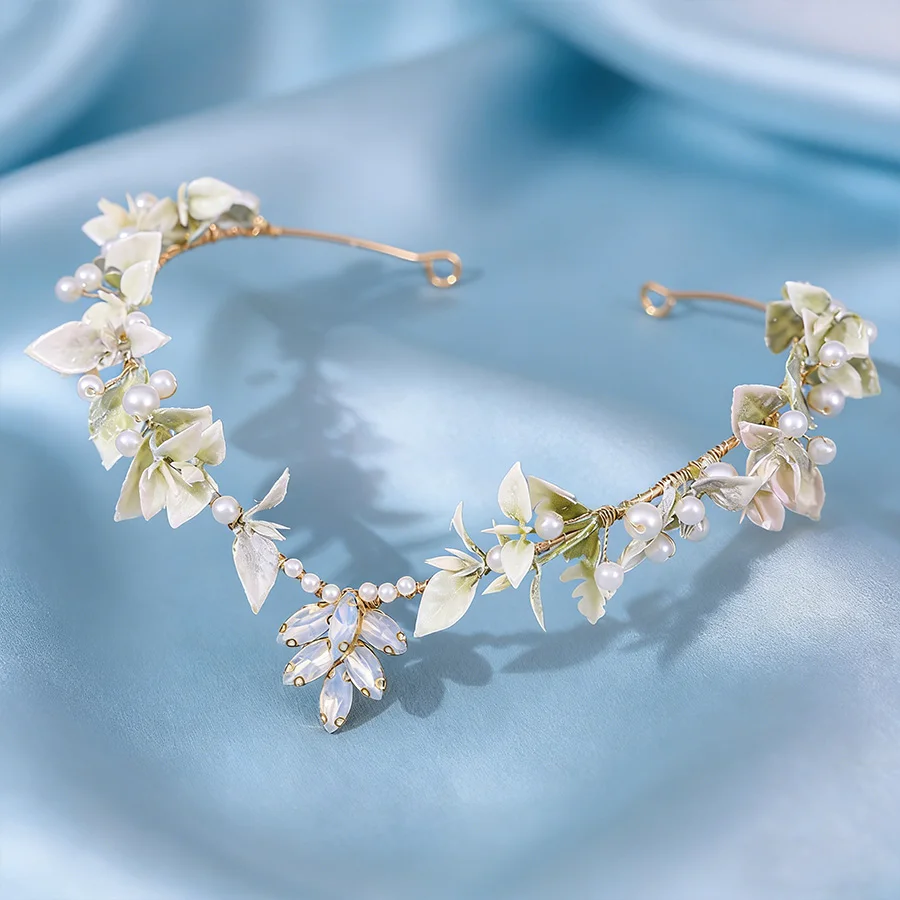

Boho Floral Crystal Headband, Fairy Leaf & Pearl Hair Accessory for Wedding, Bridesmaid, Daily Wear & Photo Shooting