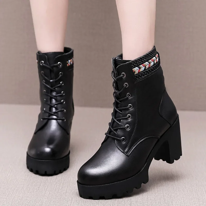 

6 8 10cm Small Size 32-43 Fashion Genuine Leather Boots Platform Shoes with Fur 2024 Winter Block High Heels Ankle Boots Office