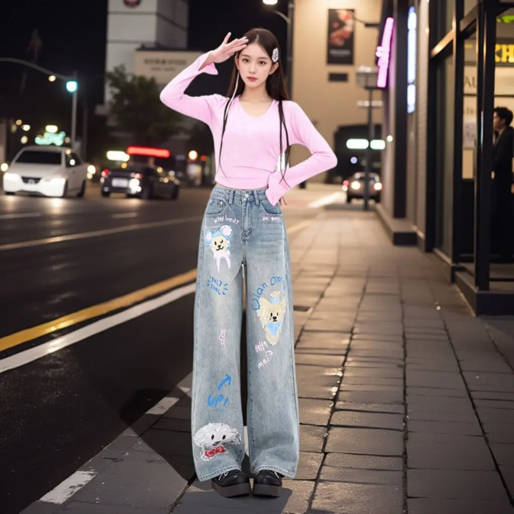 Pantalones vaqueros de transformación de talla grande para mujer, pantalones elásticos de pierna recta de 150kg de grasa Mm, estampado de cachorro, nuevo estilo para primavera y otoño