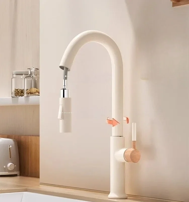 

Wooden cream pull-out hot and cold all copper faucet, kitchen retractable rotating vegetable washing sink faucet