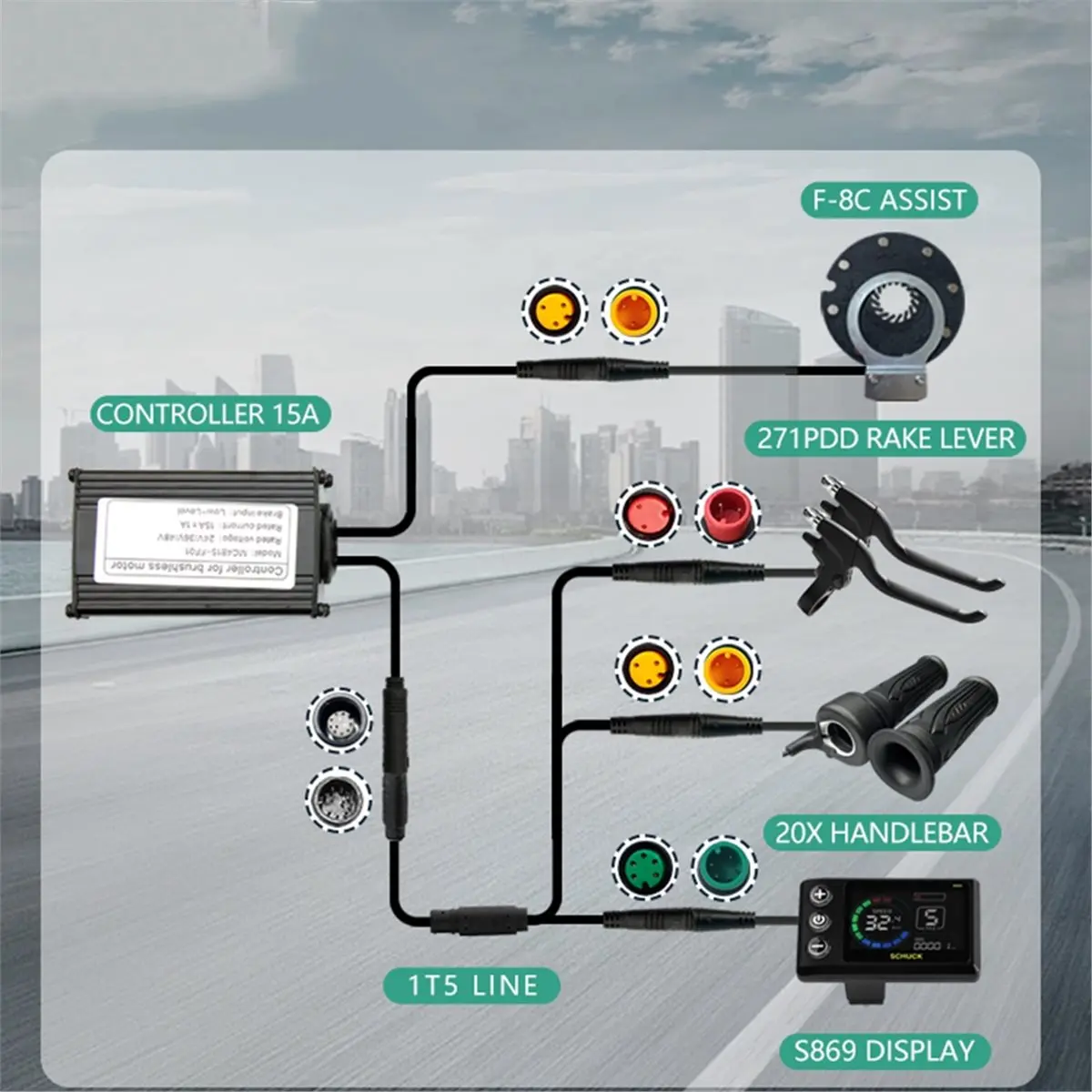(CLOS) Three-Mode Ebike Sine Wave Controller 15A 36V/48/52V with S869 LCD Color Display Electric Bike Motor Conversion Kit