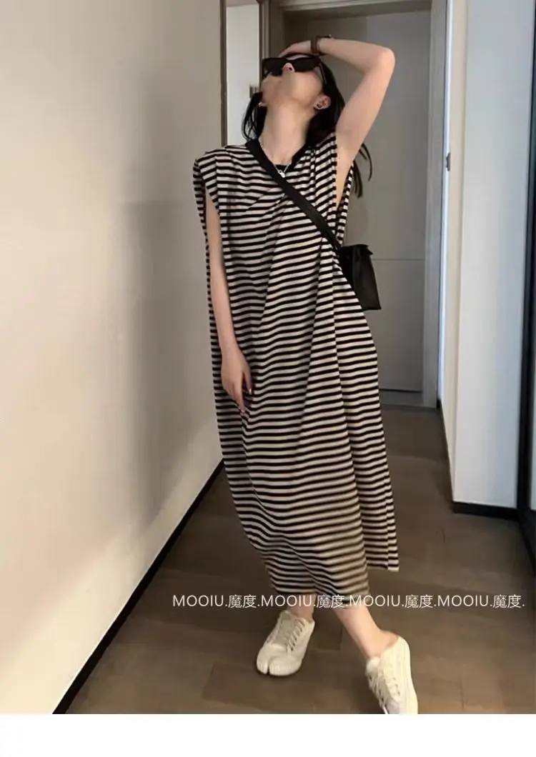 Sleeveless Long Dresses Striped Japanese Style O-Neck Women Summer Leisure Retro Office Loose Pullover Streetwear Harajuku 2024