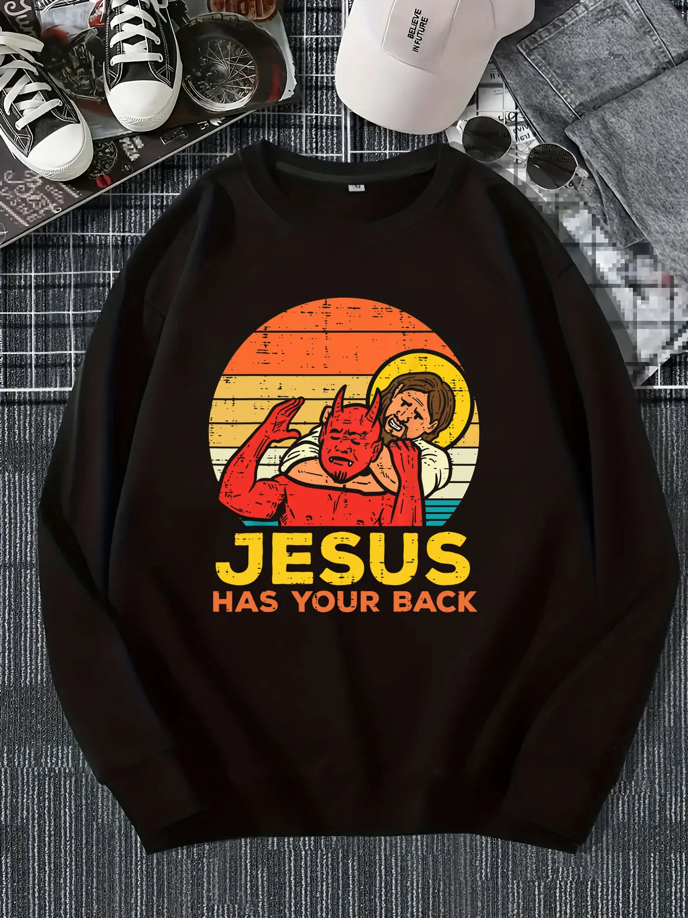 

Woman Sweatshirts The Devil and Jesus Print Y2K Female hoodie Long Sleeves O-neck Pullovers Loose and comfortable Clothing