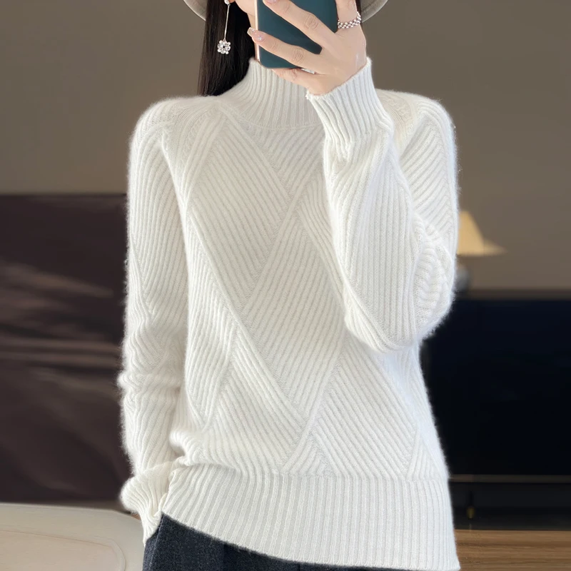 ZYCZCXX New Fashion Women Sweater Autumn Winter Jersey 100% Merino Wool Tops Pullover Mock-Neck Long Sleeve Jumper Knitwear