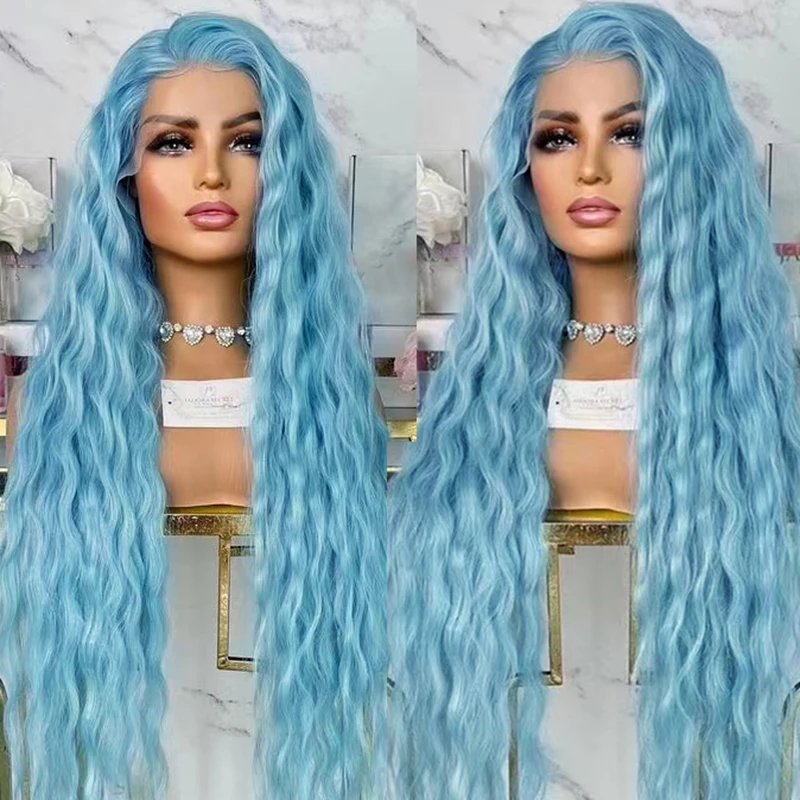 AIMEYA Blue Curly Wigs for Women Synthetic Lace Front Wig Long Loose Curly Blue Wig Heat Resistant Fiber Hair Wig Cosplay Party