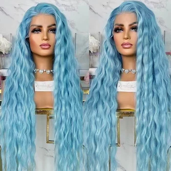 AIMEYA Blauw Krullend Pruiken voor Vrouwen Synthetische Kant Lange Losse Krullend Blauwe Pruik Hittebestendige Vezel Haar Pruik Cosplay Party
