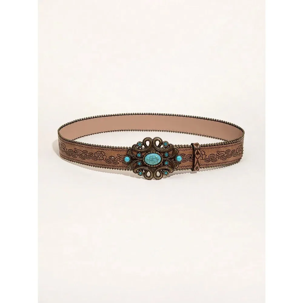 1 Piece of Blue Agate Palace Buckle Flower Embossed PU Belt