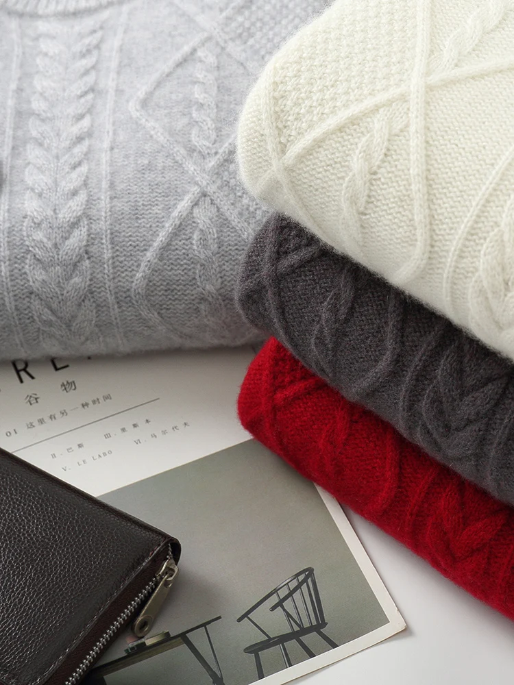 Men's Basic Style Autumn Winter Pullover 100% Merino Wool Knitted Sweater Thick O-Neck Casual Loose Soft Warm Clothing Tops