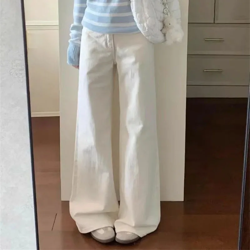 Autumn Female High Waist Solid Color Loose Denim Pantalons Lady Flared Cowboy Trousers Korean Women Non Stick Leg Wide Leg Jeans