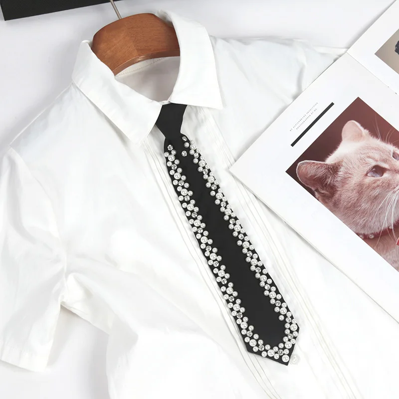 

Retro Imitation Pearl Necktie for Women Fashion College Style Uniform Shirt Neck Ties Wedding Party Accessories