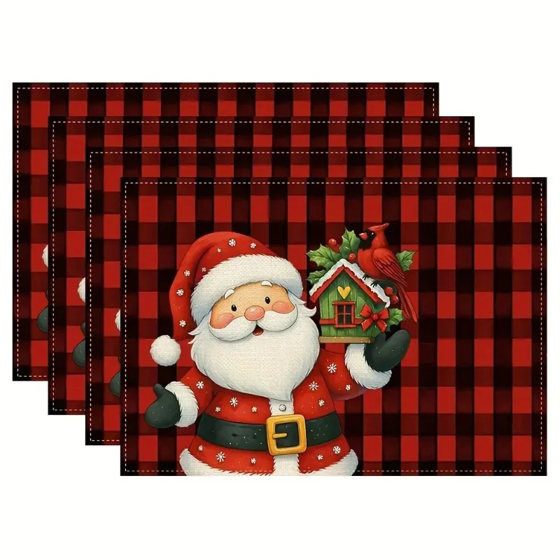 Buffalo Plaid Santa Claus Print Placemats 4pcs, Washable, Table Decor Placemats for Creating Festive Dining Atmosphere