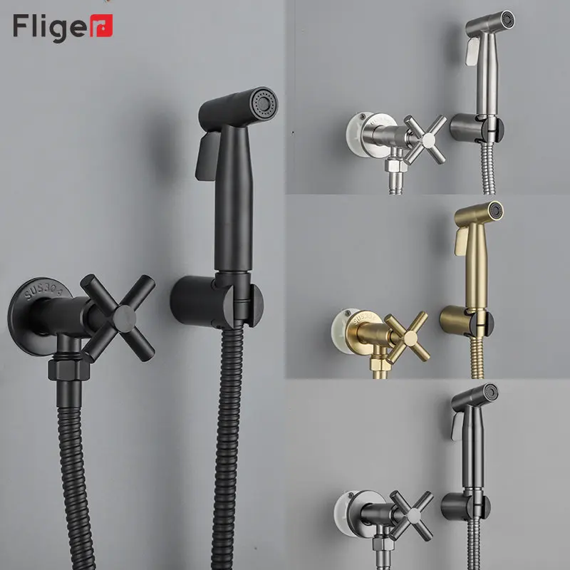 Fliger Gold Bidet Faucet Stainless Steel Toilet Faucet Handheld Bidet Sprayer Single Cold Water Shower Head Cross handwheel